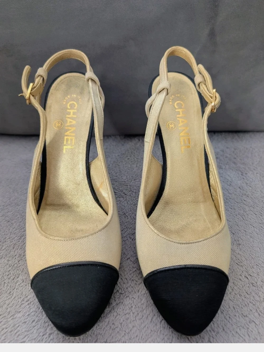 CHANEL Cream and Black Two-Tone Slingback Heels